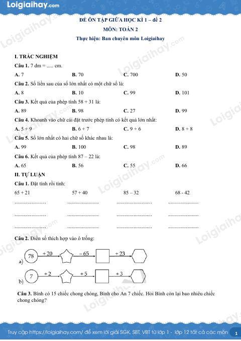 Đề kiểm tra giữa học kì 1 Toán 2 Kết nối tri thức - Đề số 2